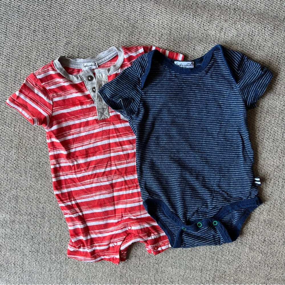 Splendid red striped jumper (6-9 months) and navy striped onesie (3-6 months)